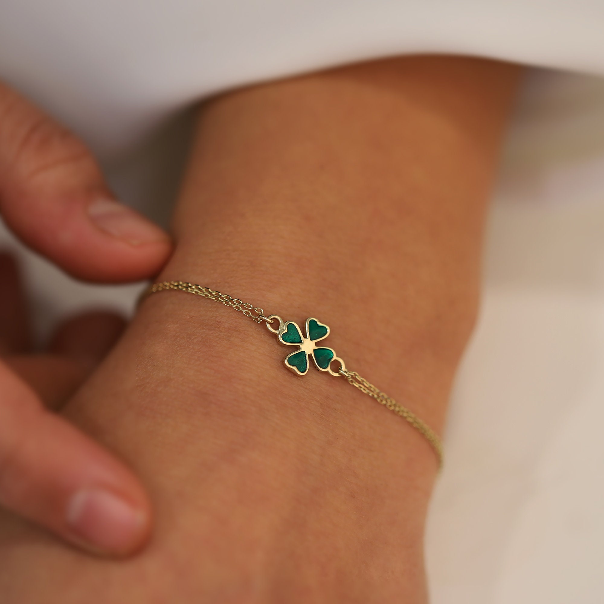 14K Gold & Green Enamel Four-leaf Clover Bracelet, Dainty Stacking Bracelet,  Gift for Her, Minimalist Jewelry, Cable Chain, Good Luck 