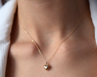 14K Gold 3D Heart Necklace, Real Gold, Mini Heart Pendant, Love Necklace,  Layering Necklace, Minimalist Jewelry, Gift for Her, Valentine's