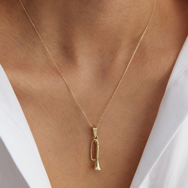 Trompete Halskette, 14K Gold, Vatertag, Musiker Geschenk, Jazz, Band, Musik Schmuck, Layering Kette, minimalistischer Schmuck, Blechblasinstrument