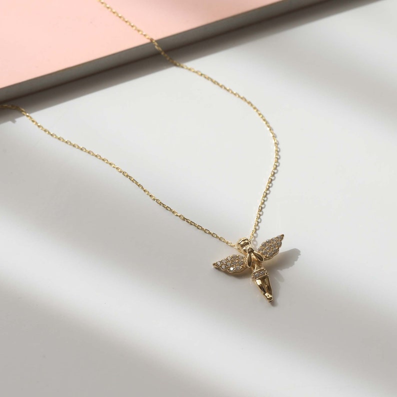 14k Gold Angel Pendant, Gold Cherub Necklace, Zirconia Diamond Pendant, Gift for Her, Minimal Everyday Jewelry, Layering Chain image 6