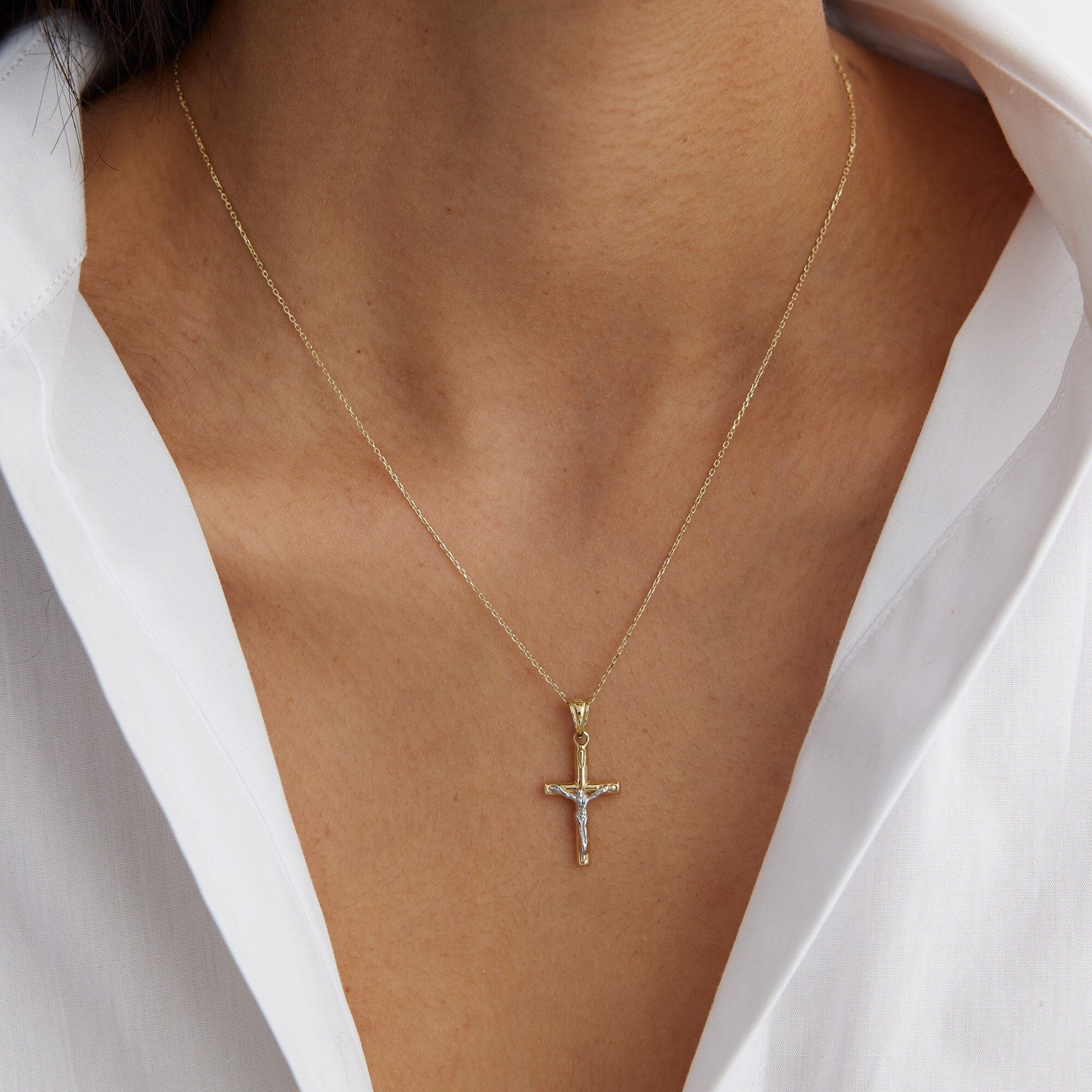 14k Gold Mini Cross Pendant, Thin Chain Necklace, Religious