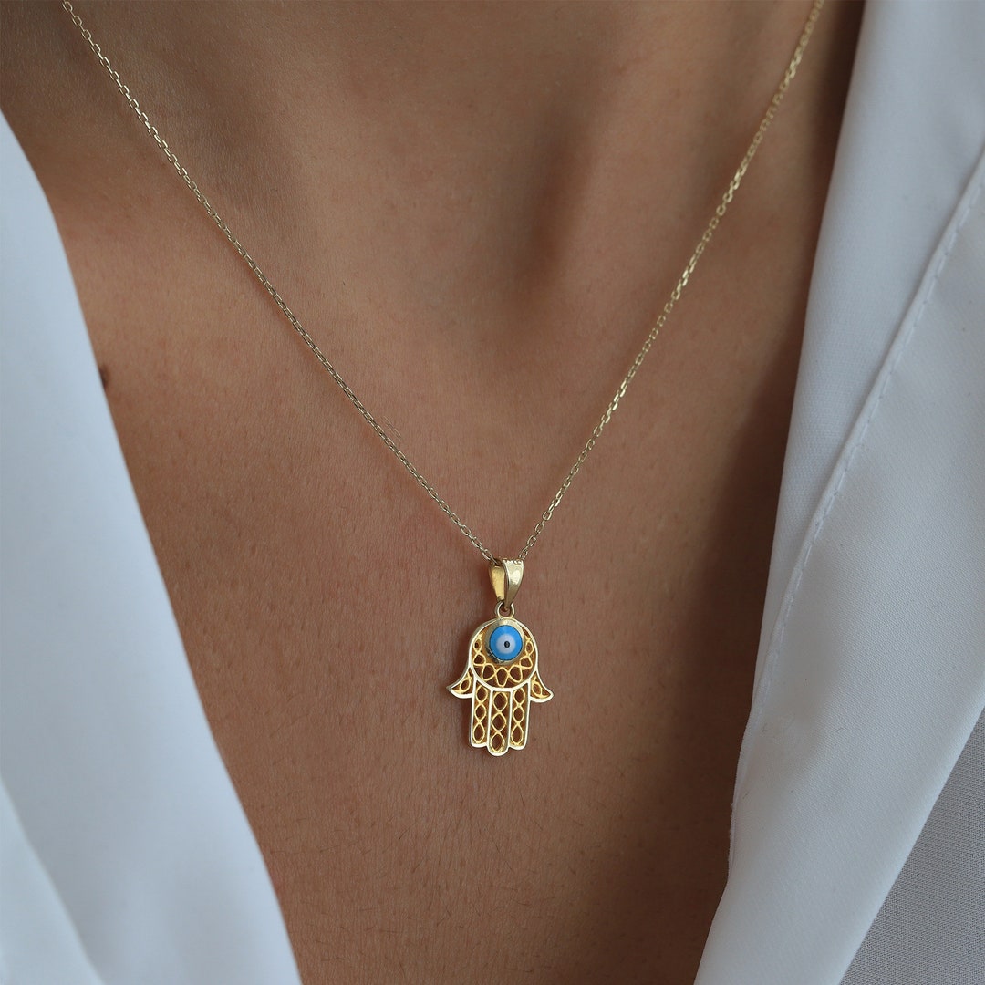 Dainty Hamsa Necklace Hand of Fatima 14K Gold Turquoise - Etsy