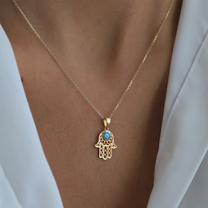 Dainty Hamsa Necklace, Hand of Fatima, 14K Gold, Turquoise Enamel Evil Eye, Good Luck, Minimalist Jewelry, Gift for Her, Laced Gold