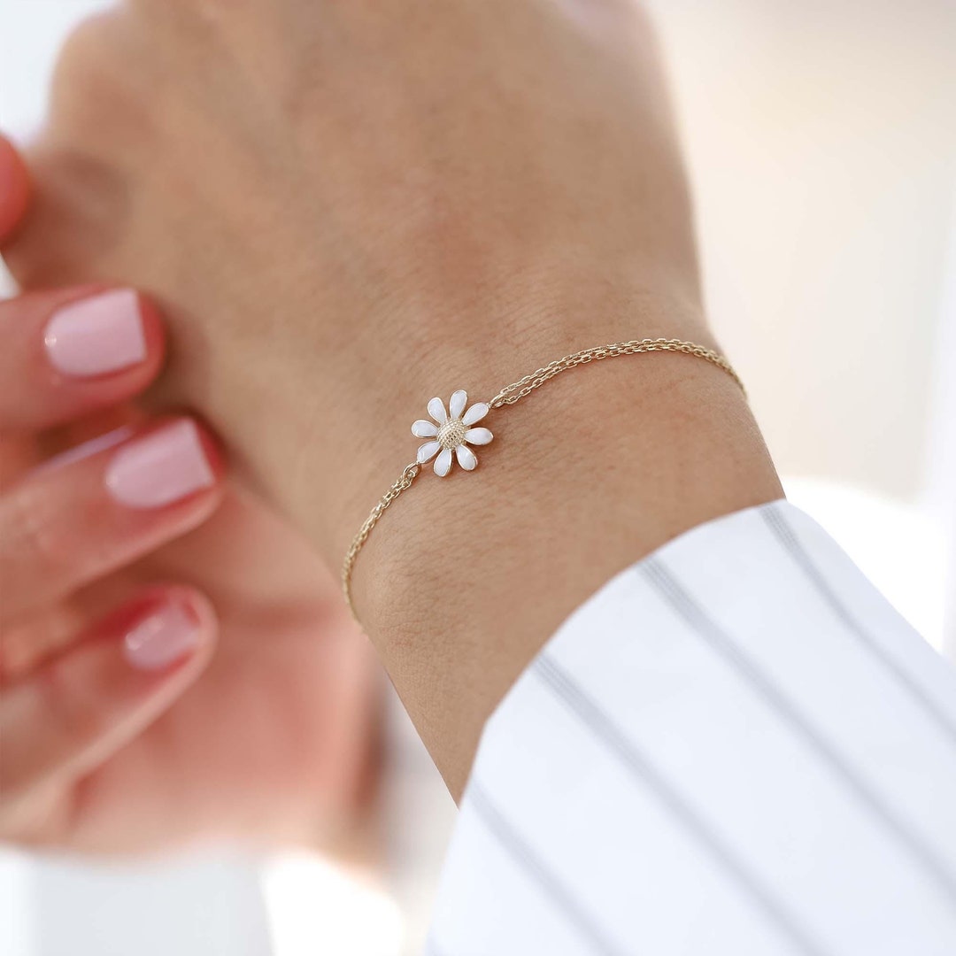 14k Real Gold Daisy Bracelet, Gold Chain Bracelet, Gold