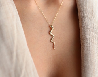 14K Gold Snake Pendant, Serpent Necklace, Symbolic Jewelry, Gift for Her, Gold Chain, Animal Jewelry, Rose Gold, White Gold, Rebirth