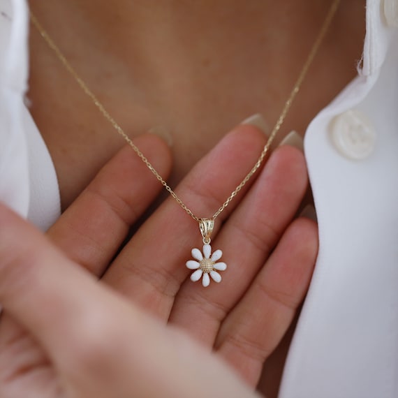 14K Gold Daisy Necklace Flower Pendant Yellow and White Enamel