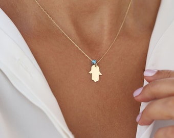 Dainty 14K Gold Hamsa Necklace, Hand of Fatima, Real Gold, Turquoise Evil Eye, Good Luck, Minimalist Jewelry, Gift for Her, Birthday Gift