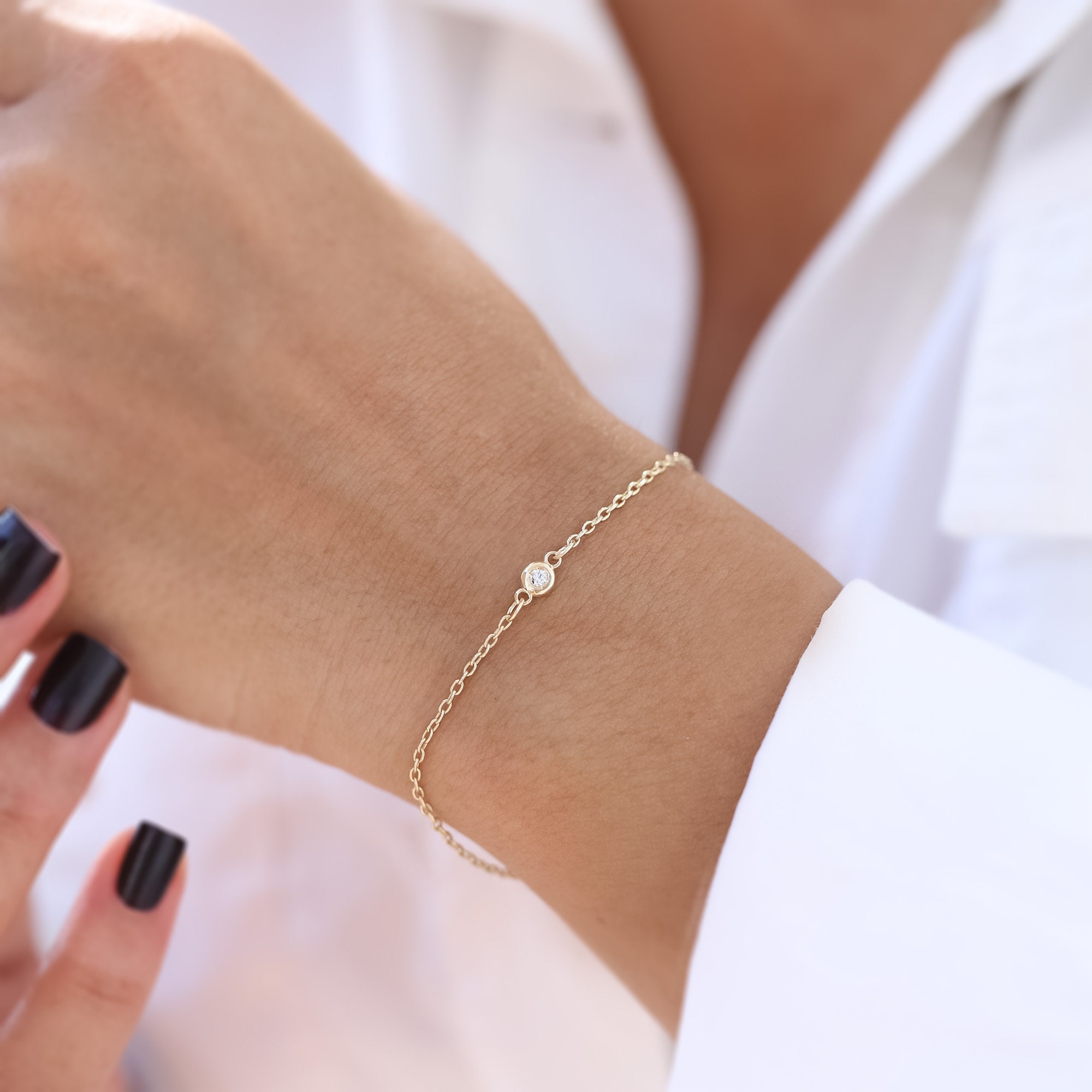 Diamond Bezel Chain Bracelet, 00.4 Ct Single Diamond, Solo