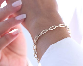 14K Gold Paperclip Bracelet: Bold Rectangle Link Chain