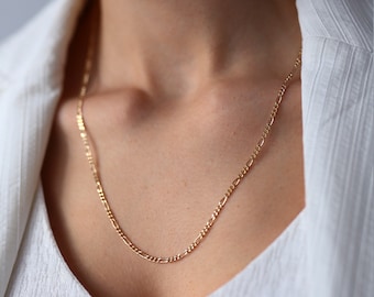 2.19mm Thin Figaro Chain Necklace, 14K Gold Chain, Layering Necklace, Minimalist Fine Jewelry, Mother's Day, Unisex,Graduation Present