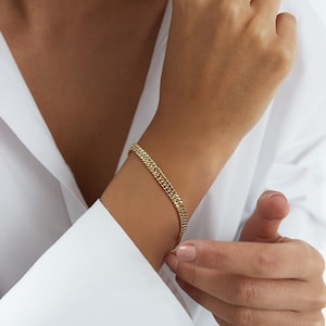Gold Herringbone Chain, 5mm Double Curb Chain Bracelet, 14K Gold Chain Bracelet, Dainty Chain Bracelet, Cuban Link Bracelet, Graduation Gift