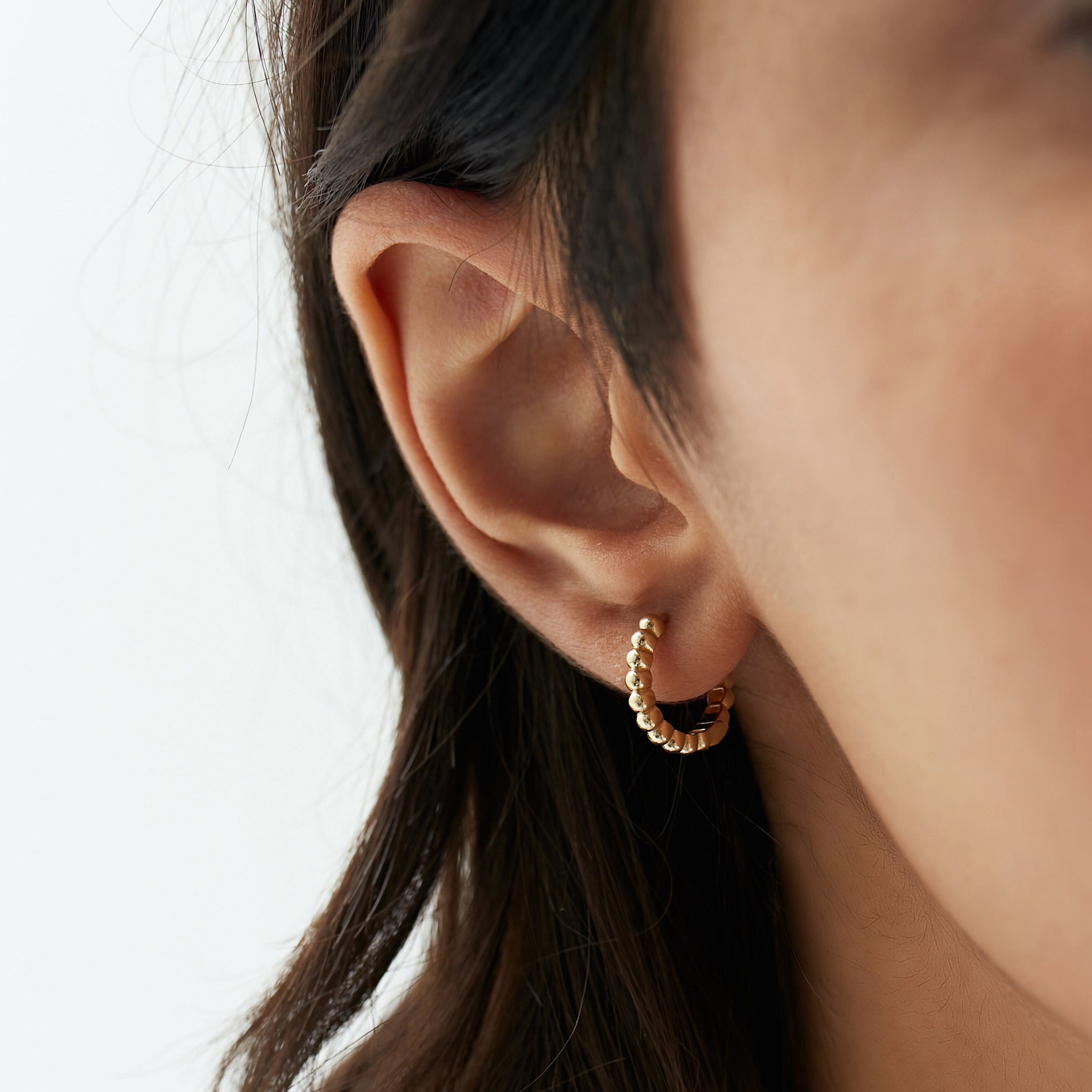 Mini Beaded Hoop Earrings, 14K Gold Hoop Earrings