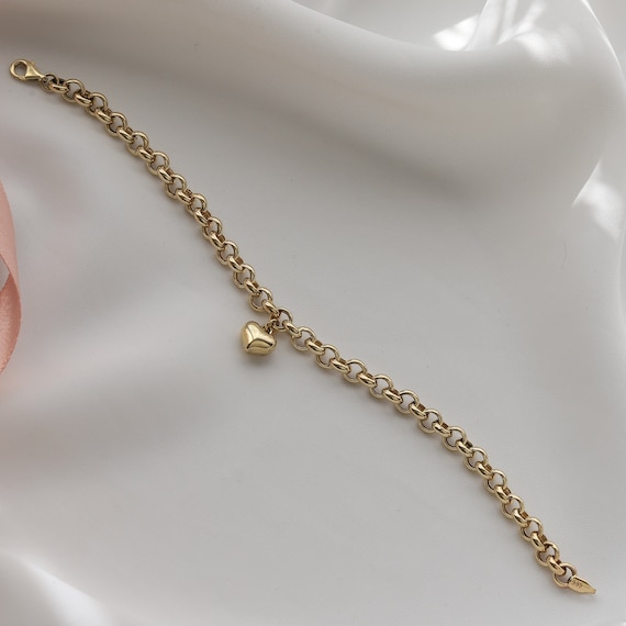 14k Gold Heart Charm Rolo Chain Bracelet: Handmade Fine