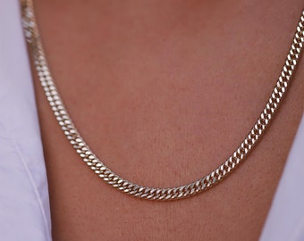 Double Curb Chain Necklace, 14K Real Gold, 4mm Chain, Dainty Chain Necklace, Herringbone Chain Necklace, Stacking Jewelry, Gift for Her