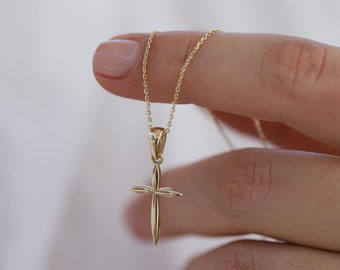 14k Gold Simple Cross Pendant, Thin Chain Necklace, Religious Jewelry, Christening, Dainty Cross Necklace, Modern Crucifix Pendant, Baptism