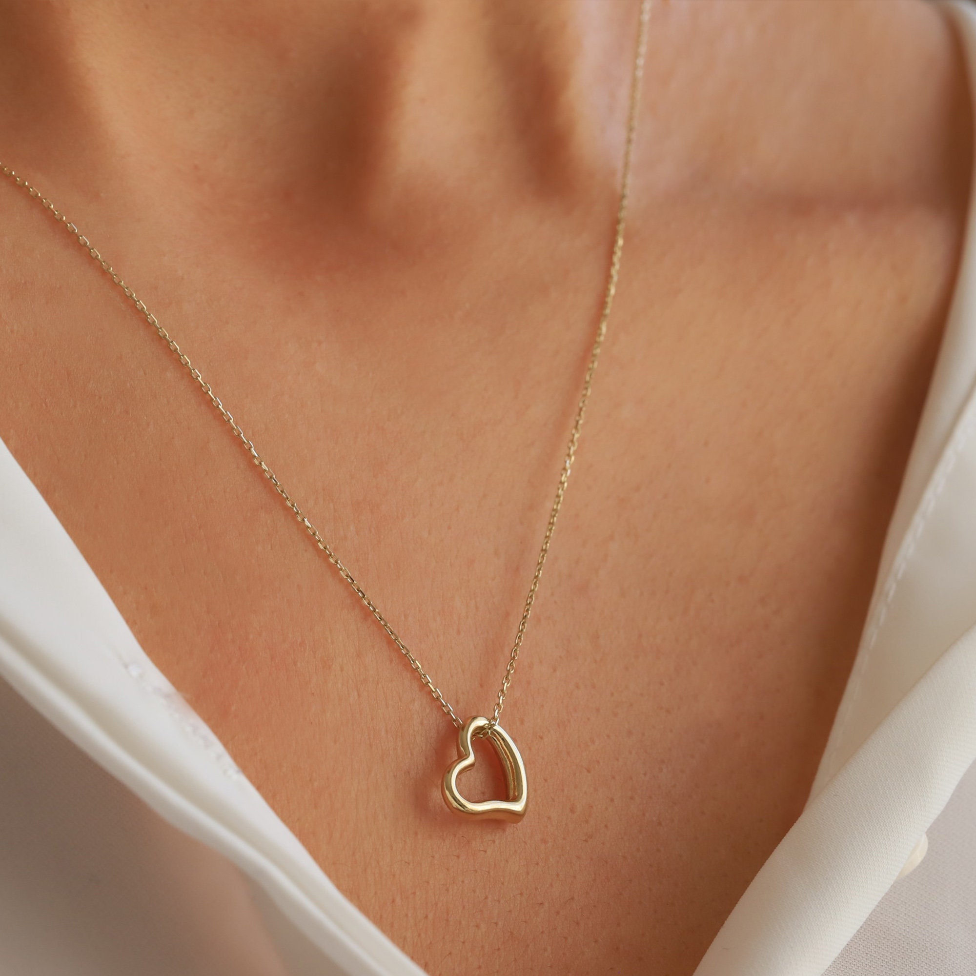 Gold Heart Necklace Open Heart Pendant 14K Solid Gold Etsy