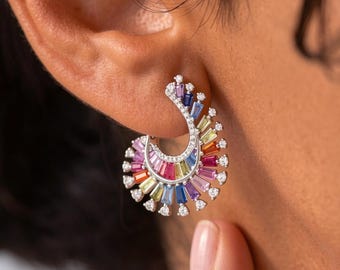 925 Sterling Silver Rainbow Zircon Geometric Earrings, Colorful Stone Hoop Earrings, New Season Women's Jewelry