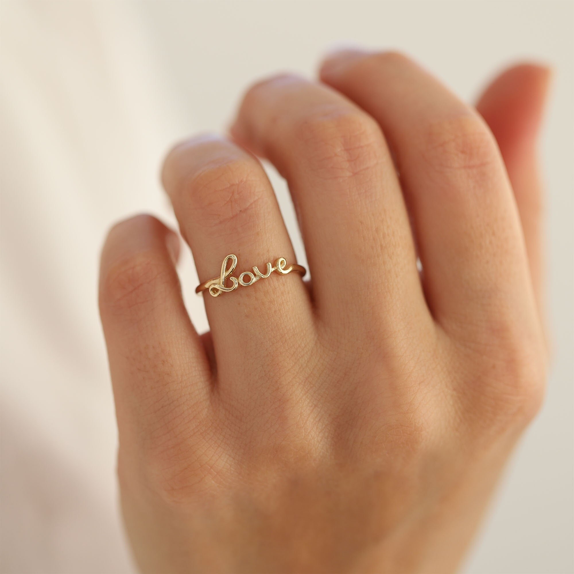 14K Solid Gold 'love' Ring, Dainty Minimalist Band - Etsy