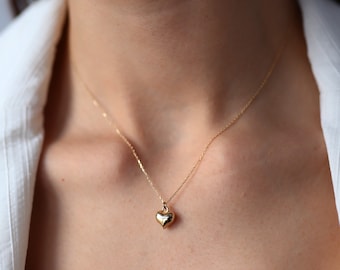 14K Gold 3D Heart Necklace, Real Gold, Mini Heart Pendant, Love Necklace, Layering Necklace, Minimalist Jewelry, Gift for Her, Valentine's