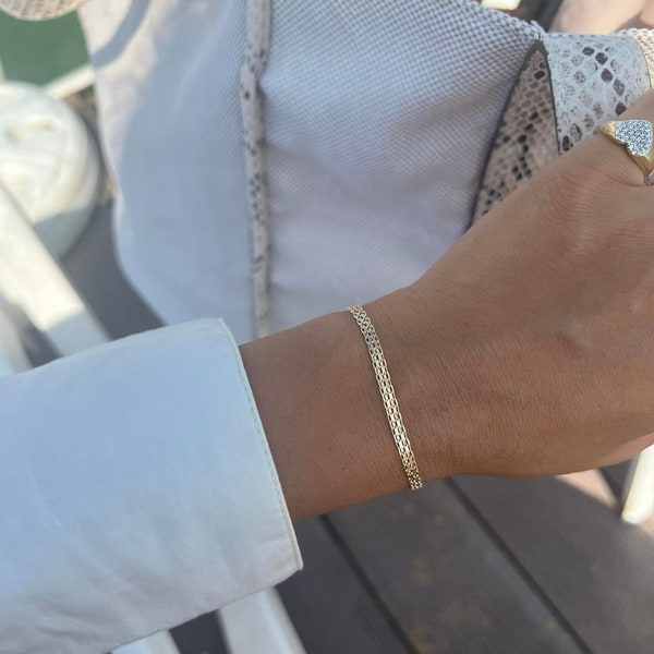 14K Gold Thin Bismarck Chain Bracelet, Woven Chain, Braided 3.3mm, Stacking Bracelet, Mother's Day, Birthday Gift, Graduation, Gift for Her