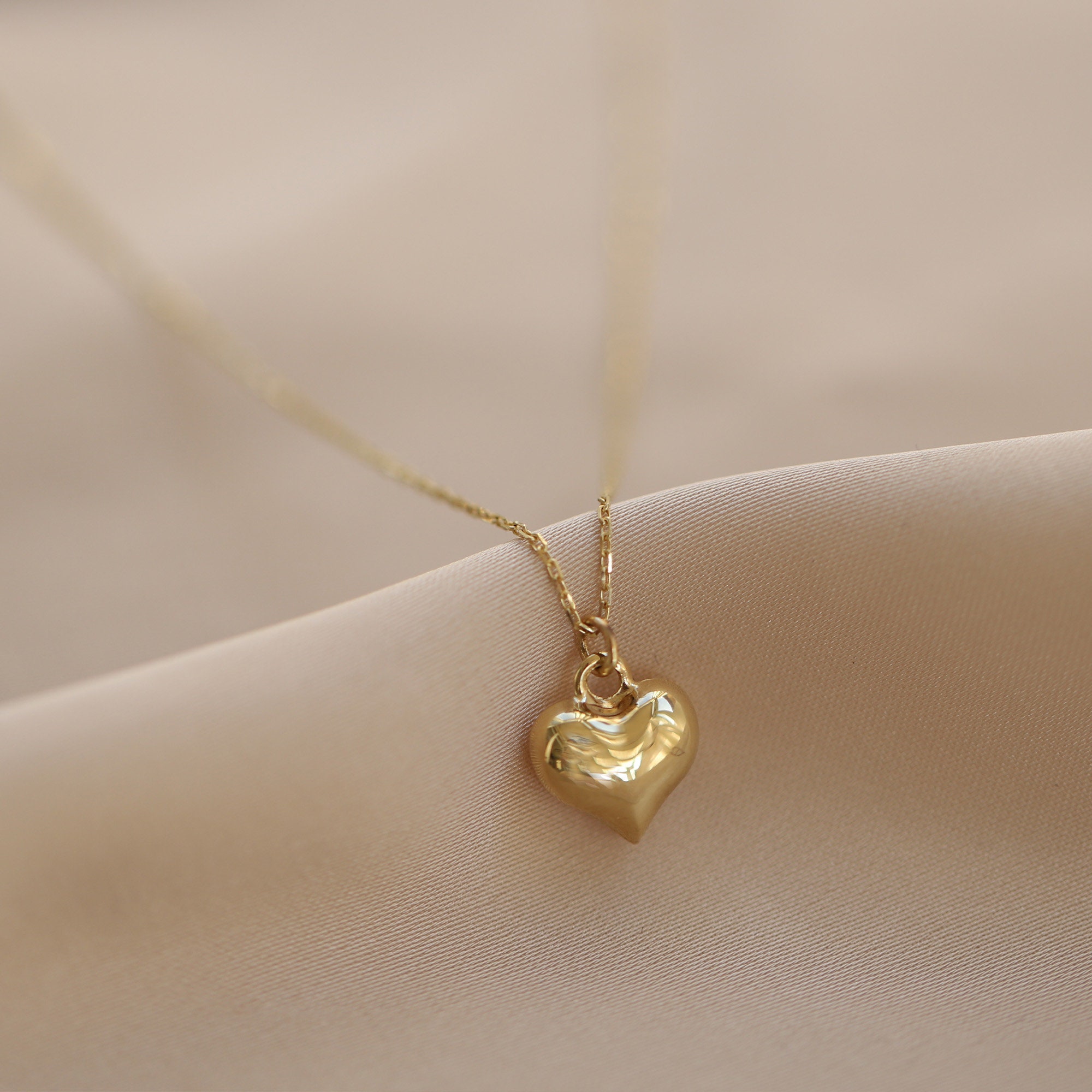 14K Gold 3D Heart Necklace Real Gold Mini Heart Pendant Love