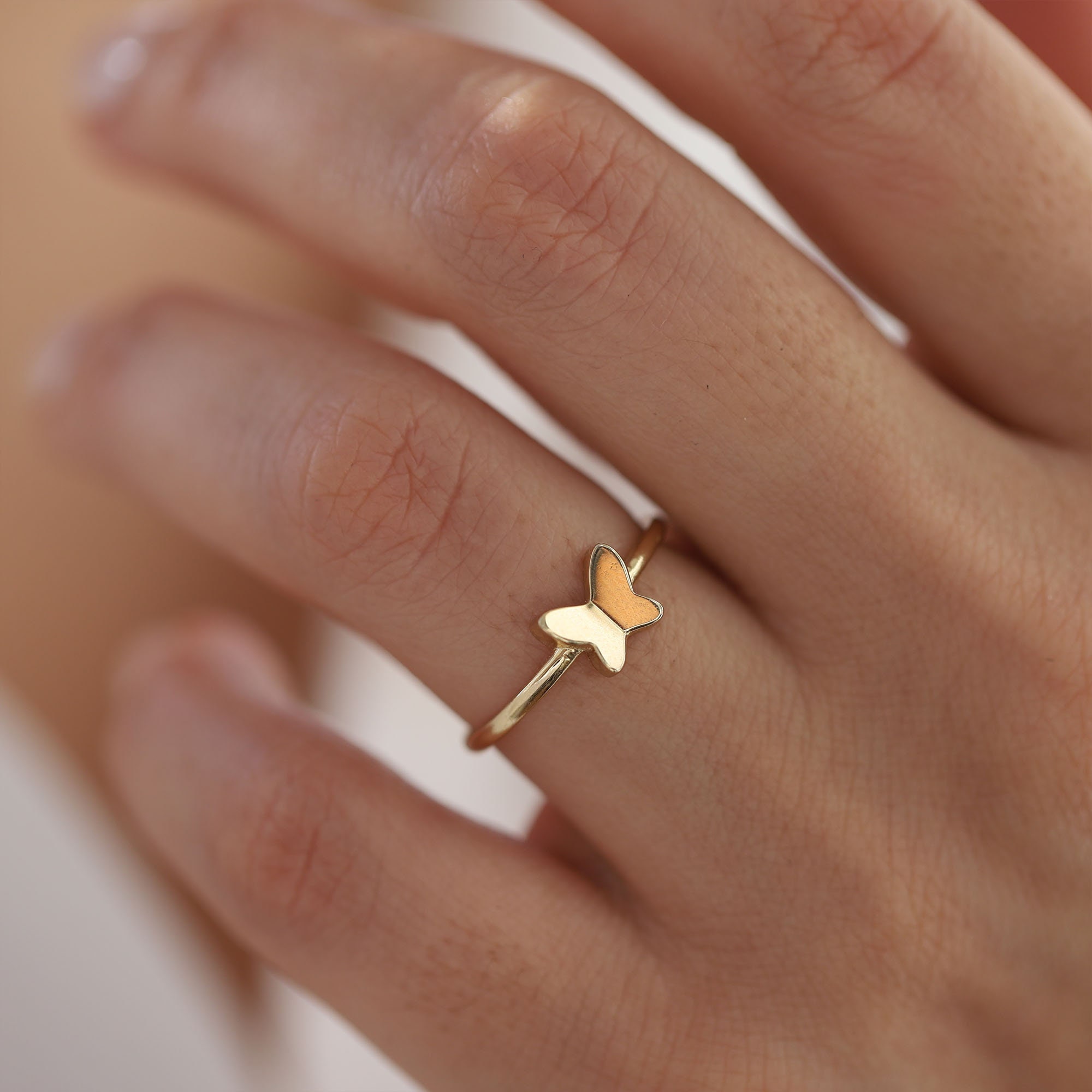 Dainty Solid Gold Butterfly Ring, 14K Gold, Stacking Ring, Gift