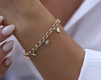 14K Gold 5 Elephants Charm Bracelet, Rolo Chain, Minimalist Fine Jewelry, Gift for Her, Everyday Gold Jewelry, Good Luck