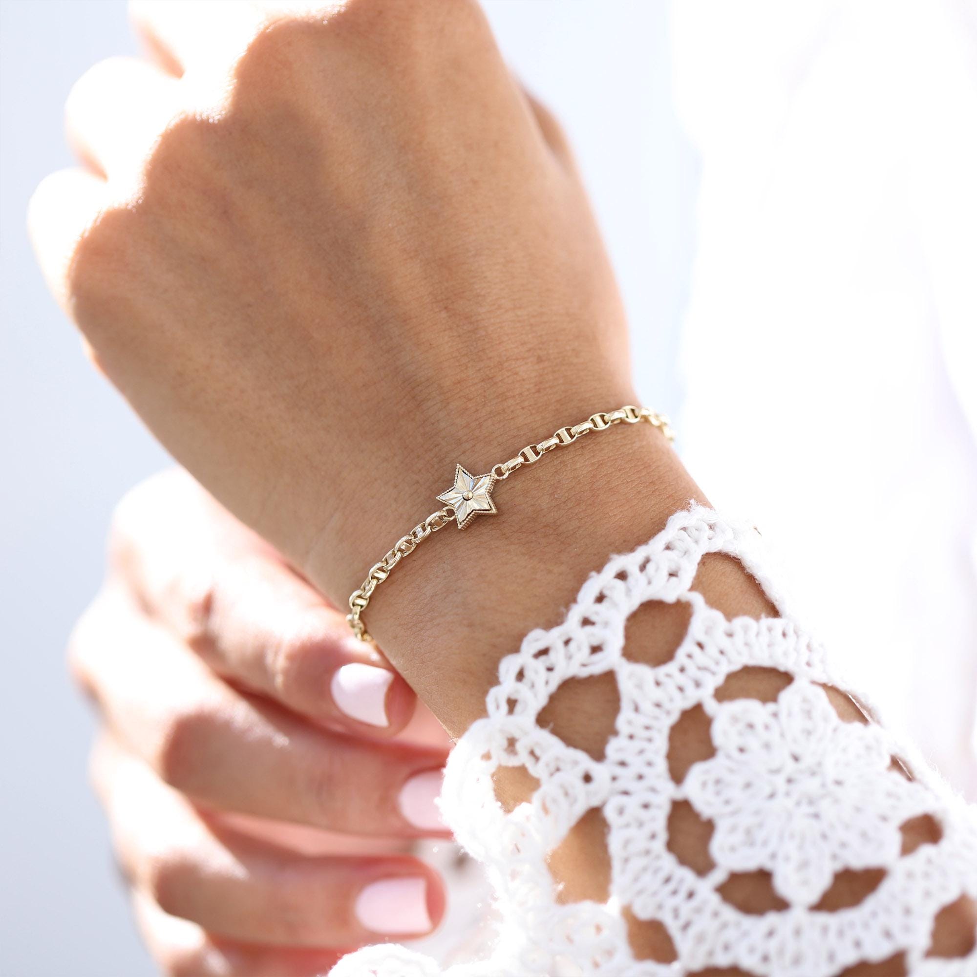 14k Gold Star Bracelet, Celestial Figaro Chain, Handmade Jewelry 