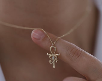 Diamond Cross Ankh Necklace, 14K Gold Ankh Pendant, Minimalist Jewelry, Symbol, Cross, Gift for Her, Dainty Everyday Jewelry, Layering Chain