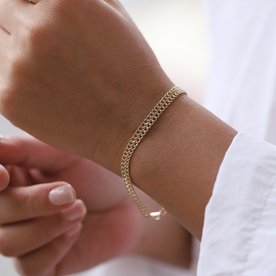 14K Gold 4.8mm Double Curb Chain Bracelet, Thin Vienna Chain 