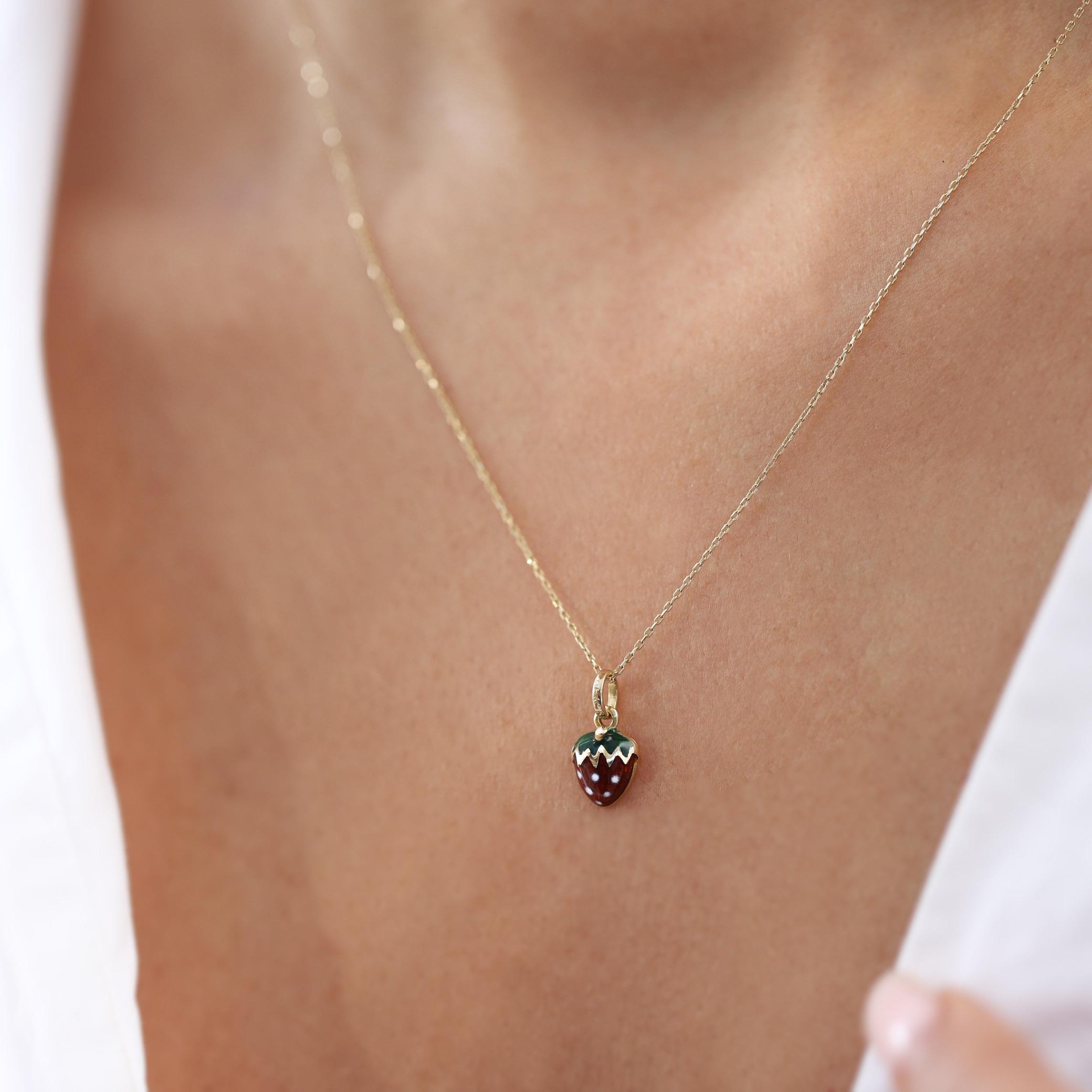 14k Gold Strawberry Necklace, Gold Strawberry Enamel Necklace, Mini