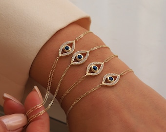 14K Gold Evil Eye Bracelet, Pavé Zircon Diamond, Minimalist Chain Bracelet, Evil Eye Charm, Gift for Her, Stacking Bracelet, Good Luck Charm