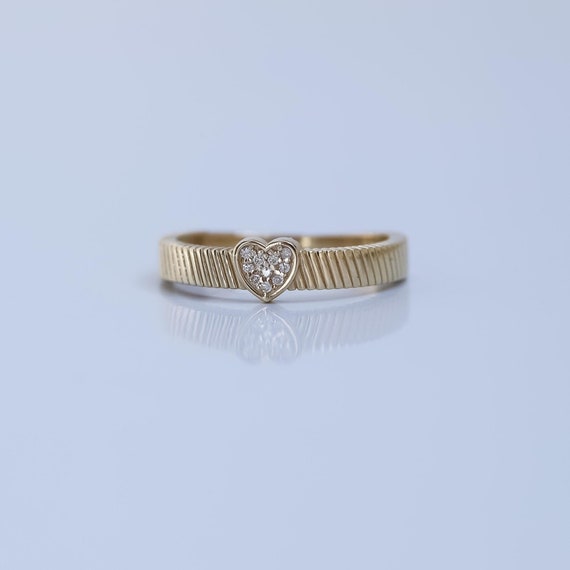 14k Solid Gold Diamond Heart Ring, Gold Signet Heart Ring, Diamond Gemstone Pave Ring, Gold Love Ring, Friendship Band, Mini Croissant Ring