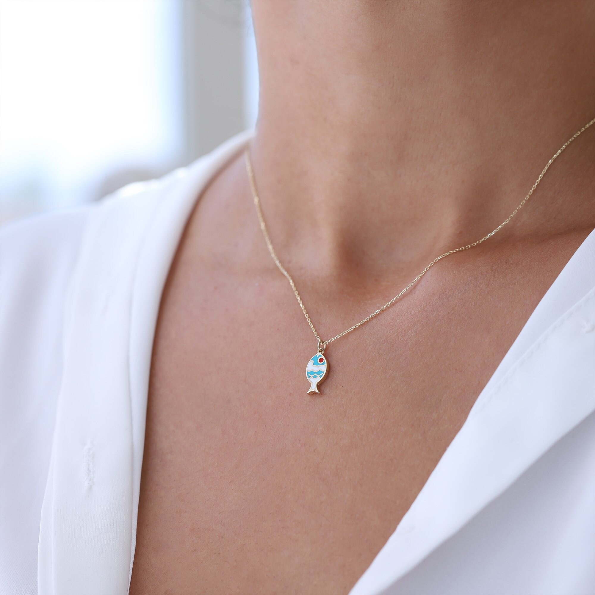 Gold Fish Necklace, 14K Gold, Colourful Enamel Fish Pendant