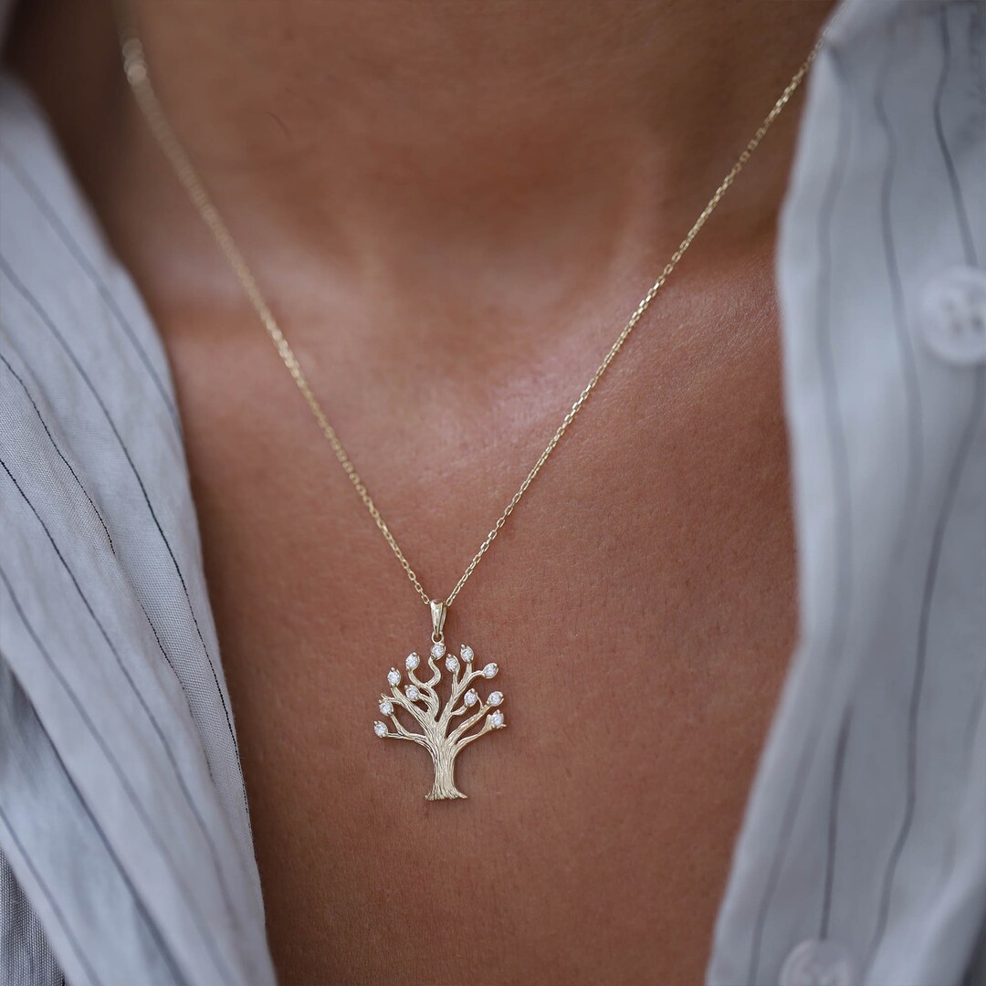 Cz Diamond Tree Necklace, 14k Gold Jewelry, Tree of Life, Gift for Her