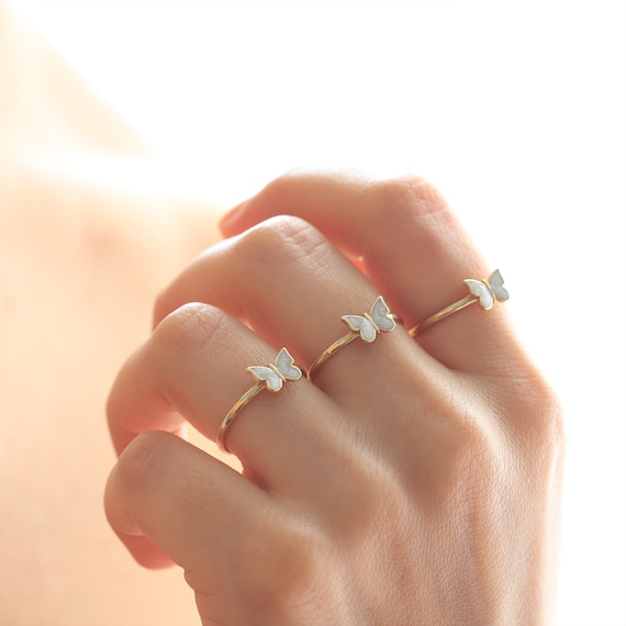 14K Gold Butterfly Ring: White Enamel, Dainty Stacking Ring
