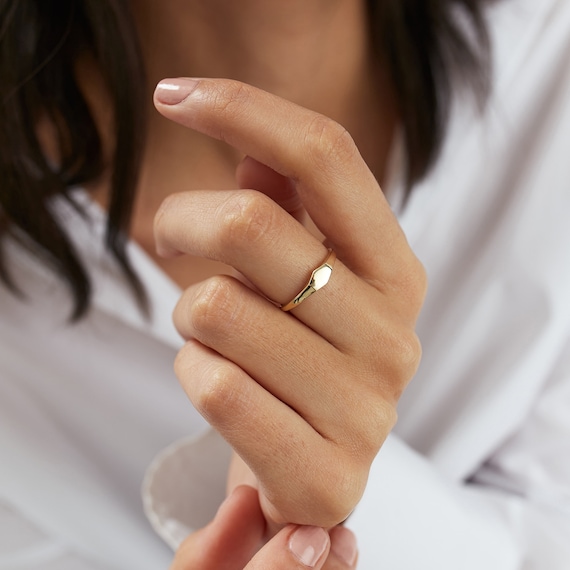 Pinky Signet Ring, 14K Gold Pinky Hexagon Signet Ring, Small Hexagonal Ring