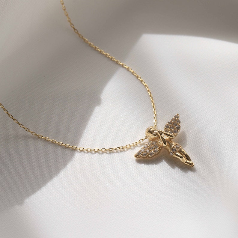 14k Gold Angel Pendant, Gold Cherub Necklace, Zirconia Diamond Pendant, Gift for Her, Minimal Everyday Jewelry, Layering Chain image 1