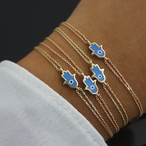 Dainty Hamsa Bracelet, Hand of Fatima, 14K Gold, Turquoise Enamel Evil Eye, Good Luck, Minimalist Jewelry, Gift for Her