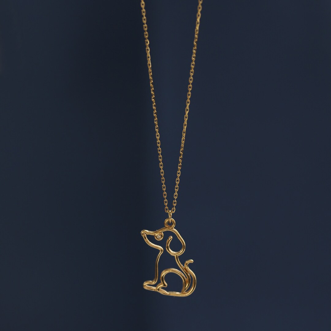 Diamond Dog Necklace, 14K Gold, Dainty Puppy Pendant, Minimalist