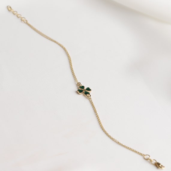 14K Gold & Green Enamel Four-leaf Clover Bracelet Dainty 