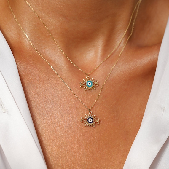 14K Gold Evil Eye Pendant Minimalist 