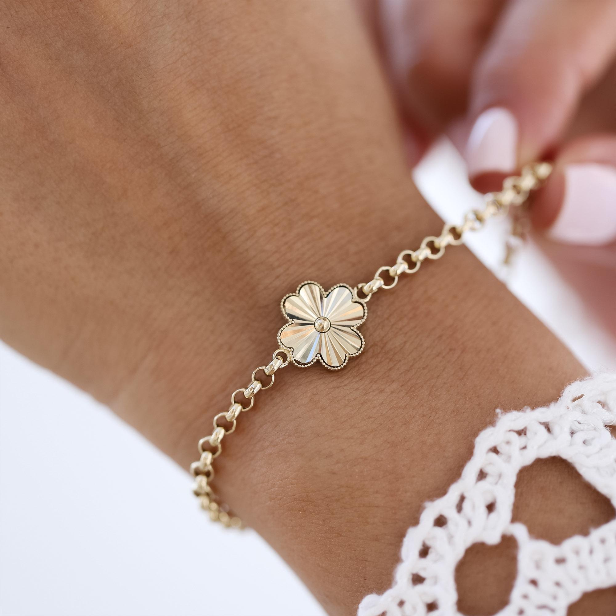 14k Gold Flower Bracelet, Gold Doc Link Chain, Gold Rolo