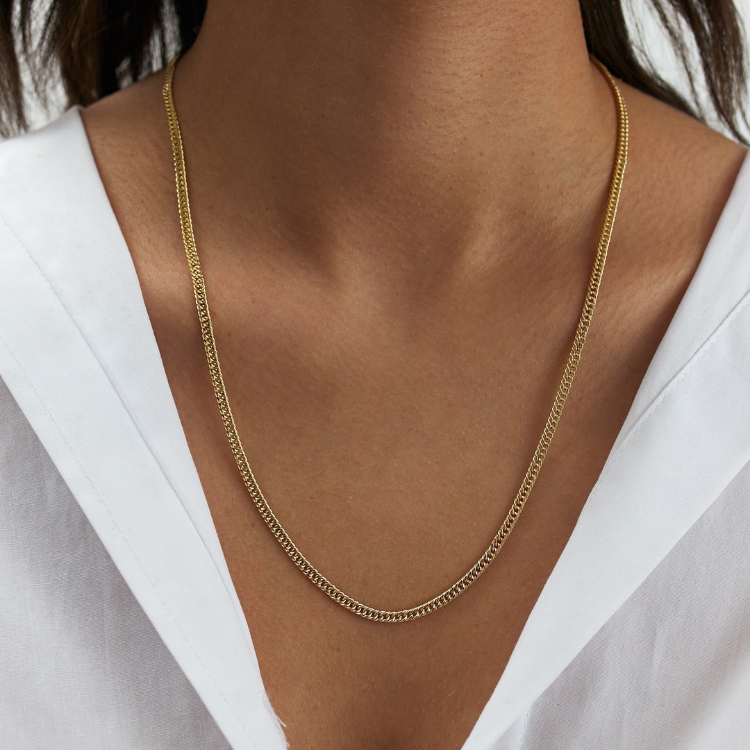 Double Curb Chain Necklace, 14K Real Gold, 2.85mm Chain, Dainty Chain