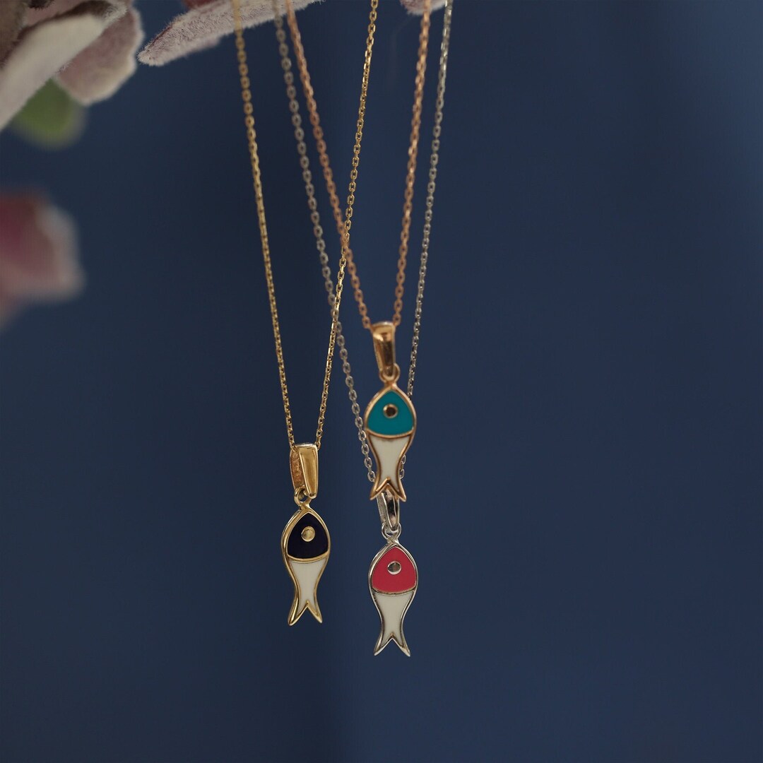Dainty Enamel Fish Necklace, 14K Gold, Pisces, Colourful Jewellery ...