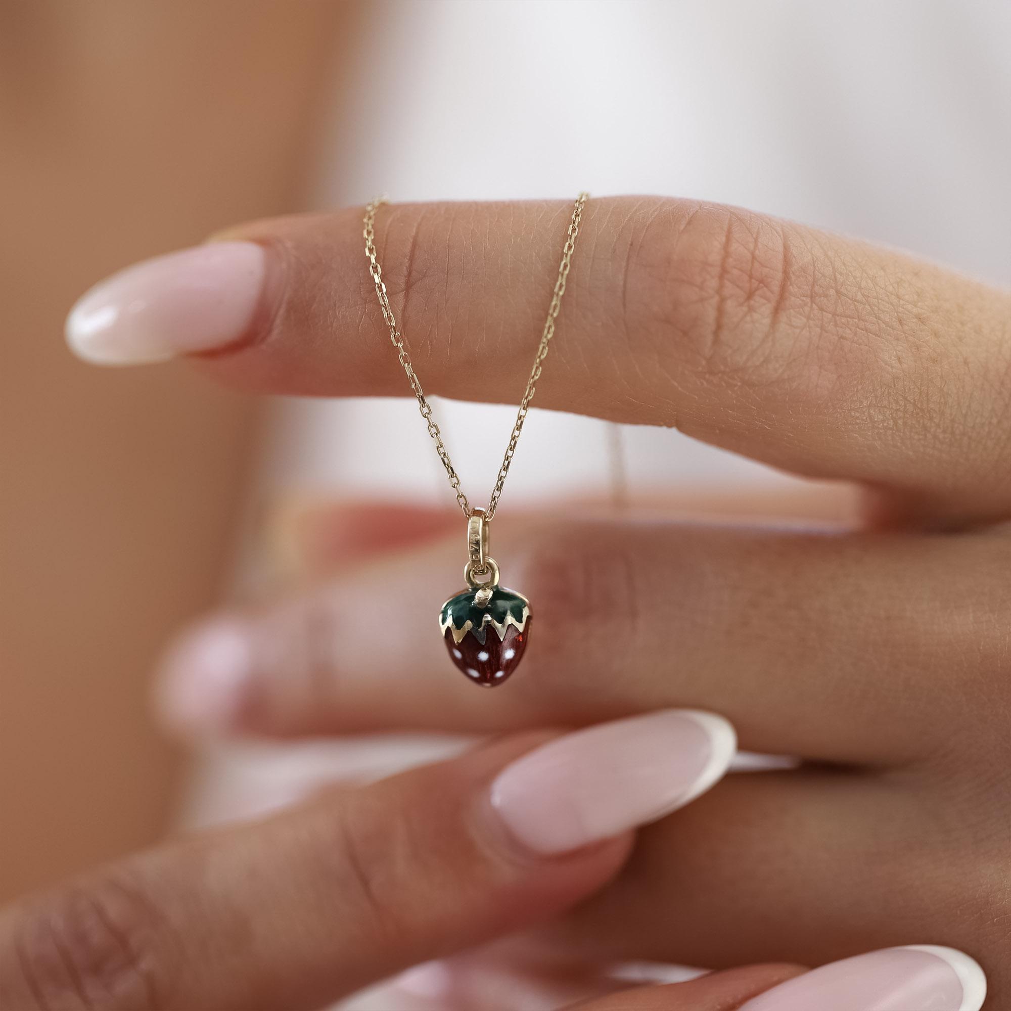 14k Gold Strawberry Necklace, Gold Strawberry Enamel Necklace, Mini