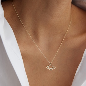 Gold Saturn Necklace, 14K Gold, Satellite Pendant, Celestial, Gift for Her, Real Gold Jewelry, Minimalist Jewelry, Layering Chain, Planet