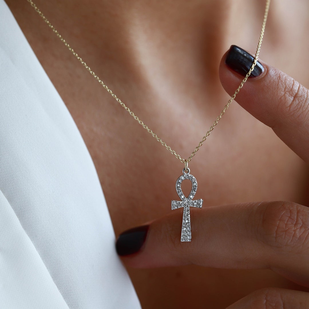 Large Diamond Ankh Necklace 14K Gold Ankh Pendant Minimalist Jewelry Symbol of Life Cross Gift for Her Dainty Everyday Diamond Jewelry Etsy