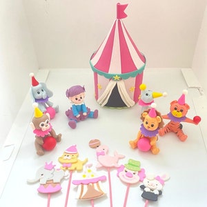 Pink Circus Girl Set - Carnival tent and circus animals cake toppers - Party favor decorations for birthday and baby shower