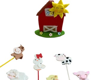 Farm Set with Barn - 6 cupcake toppers and barn - Party favors cupcake decor for birthday, baby parties - Party deco favors